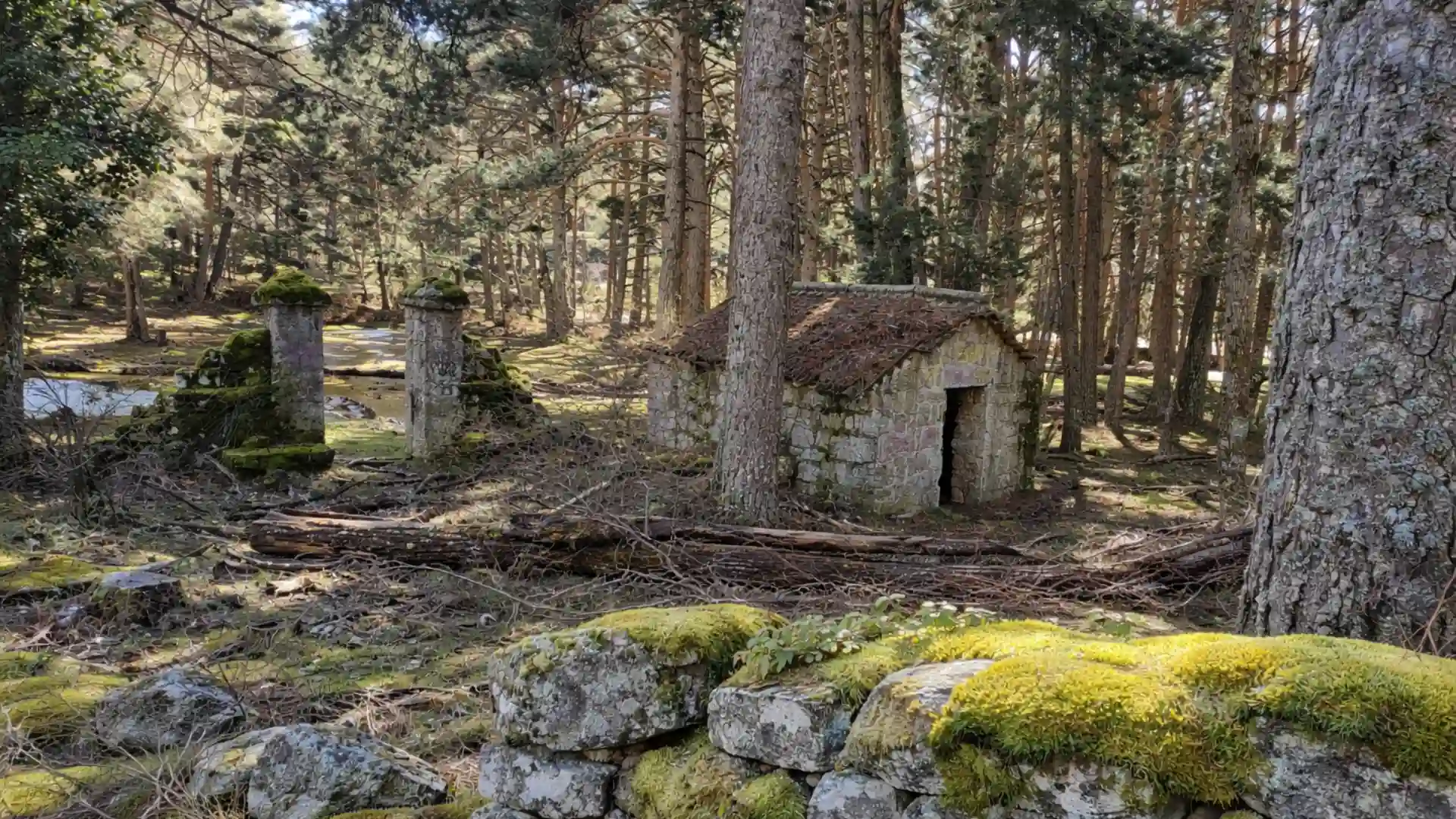 Construcción tradicional de piedra entre pinares en el entorno natural de Peguerinos, Sierra de Guadarrama